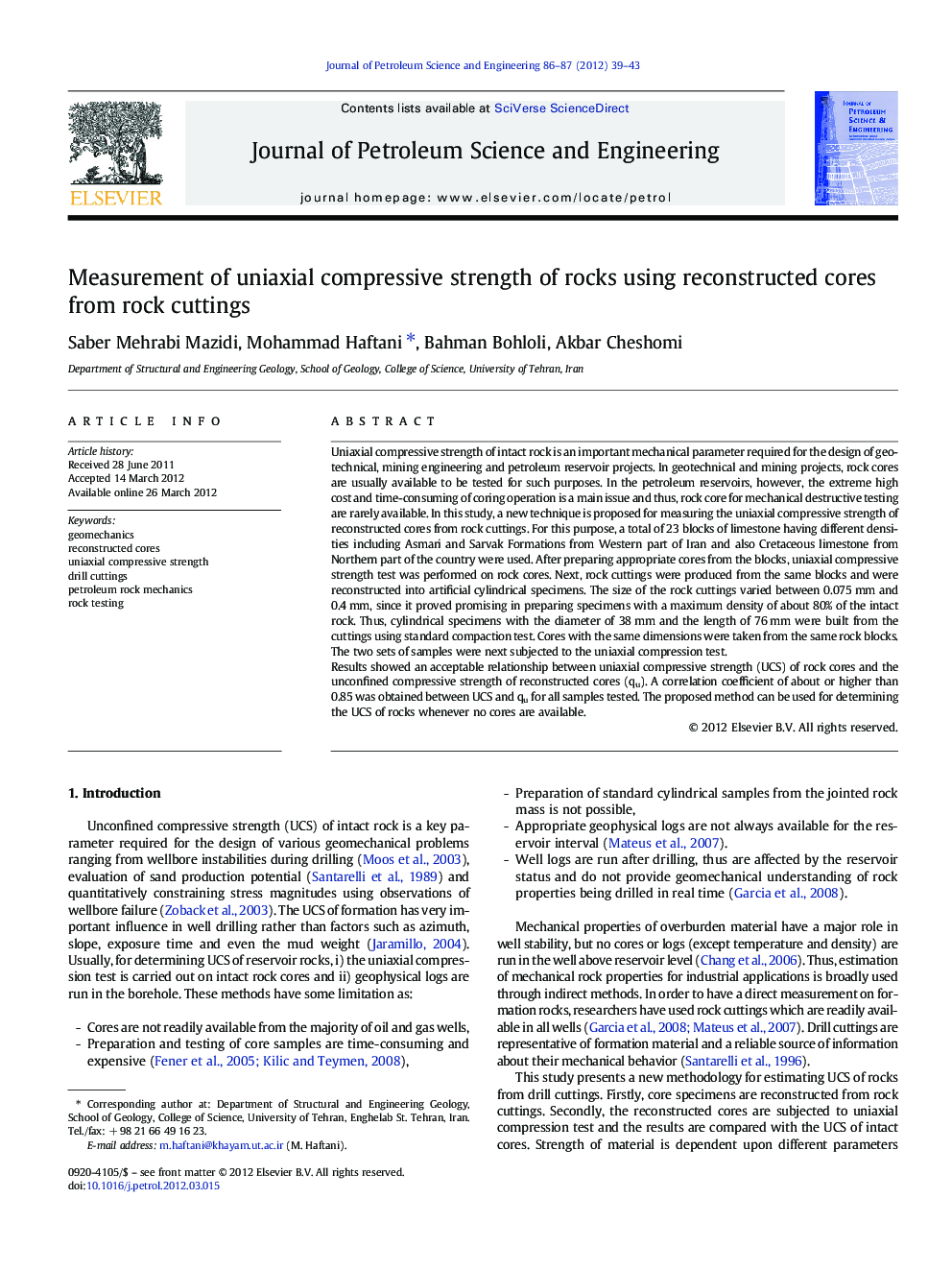 Measurement of uniaxial compressive strength of rocks using reconstructed cores from rock cuttings