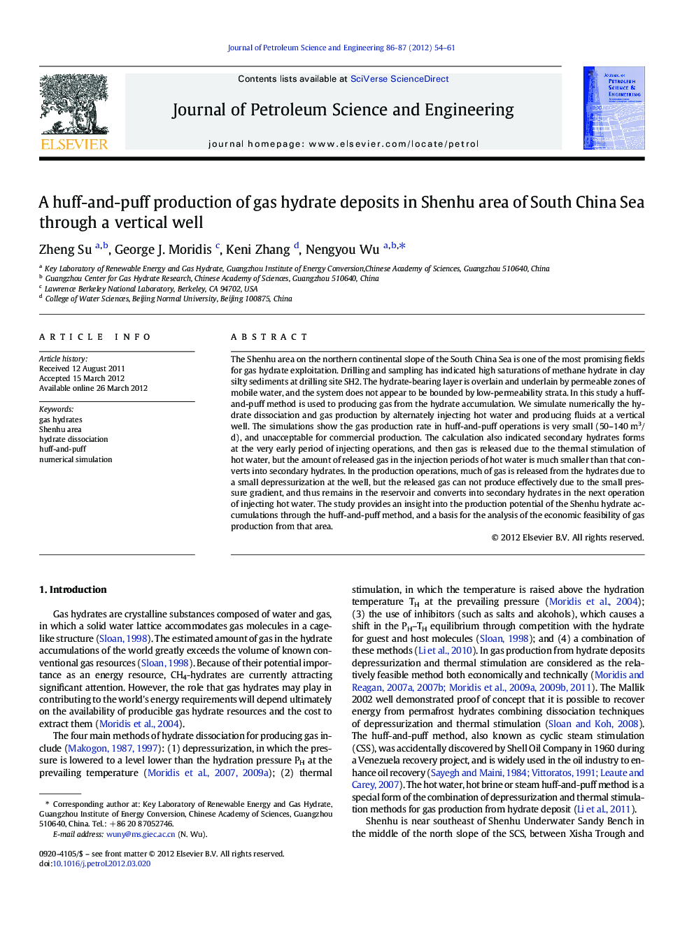 A huff-and-puff production of gas hydrate deposits in Shenhu area of South China Sea through a vertical well