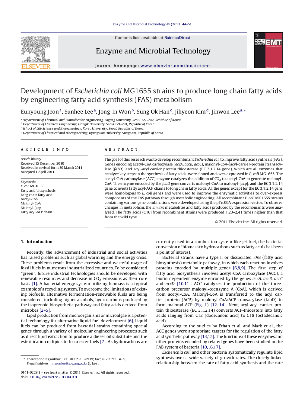 Development of Escherichia coli MG1655 strains to produce long chain fatty acids by engineering fatty acid synthesis (FAS) metabolism