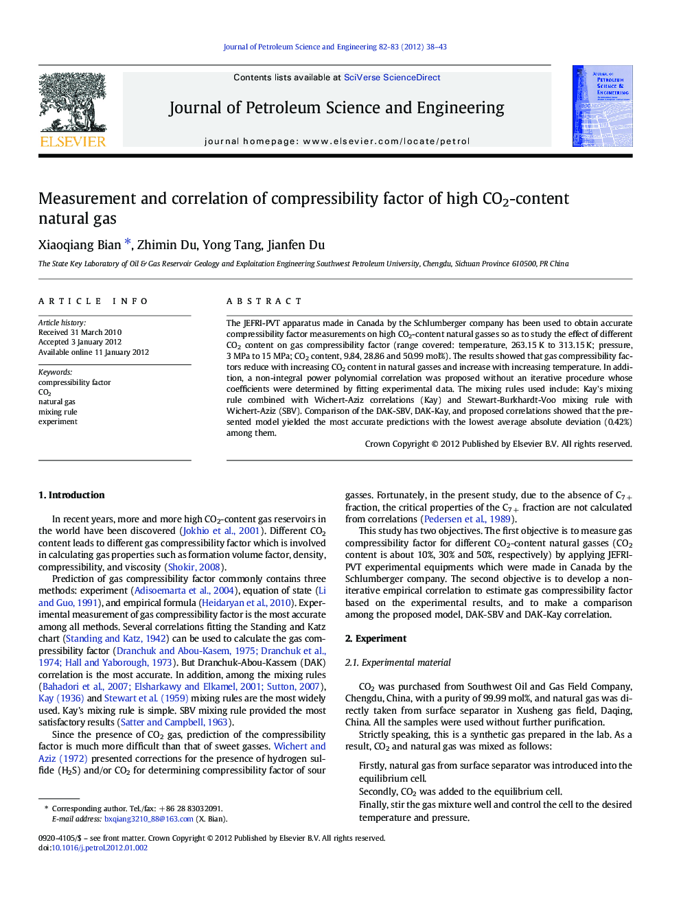 Measurement and correlation of compressibility factor of high CO2-content natural gas