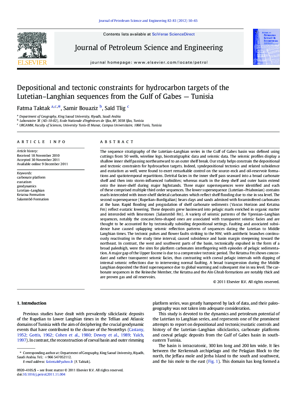 Depositional and tectonic constraints for hydrocarbon targets of the Lutetian-Langhian sequences from the Gulf of Gabes - Tunisia