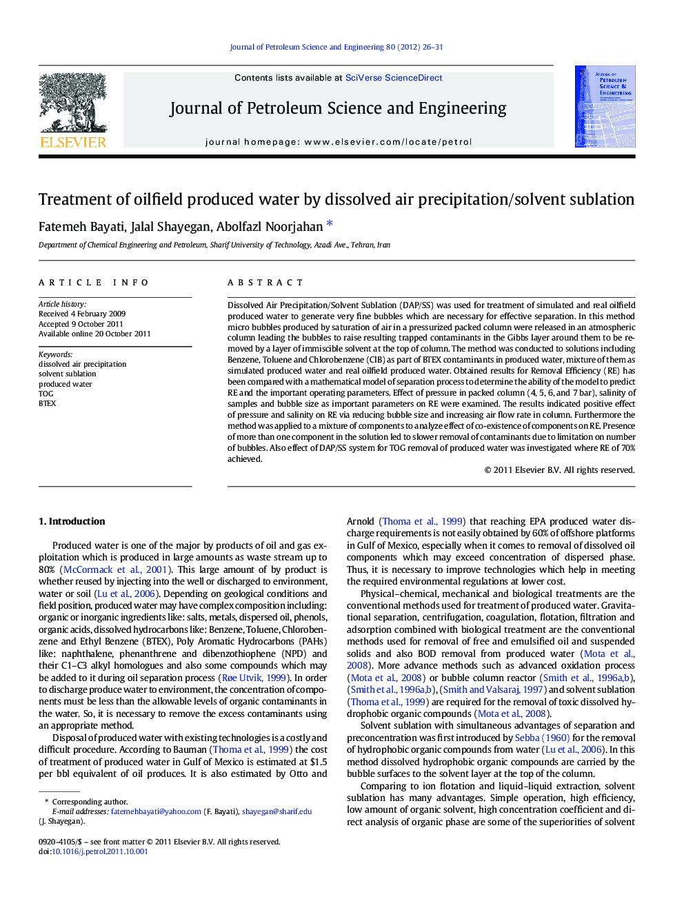 عکس صفحه اول مقاله: Treatment of oilfield produced water by dissolved air precipitation/solvent sublation Treatment of oilfield produced water by dissolved air precipitation/solvent sublation