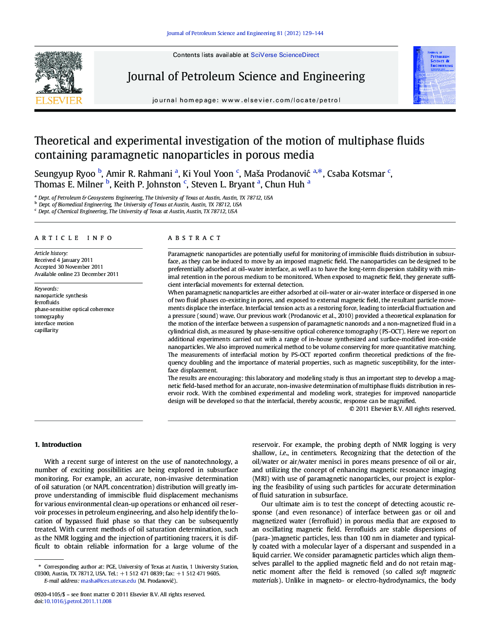 Theoretical and experimental investigation of the motion of multiphase fluids containing paramagnetic nanoparticles in porous media