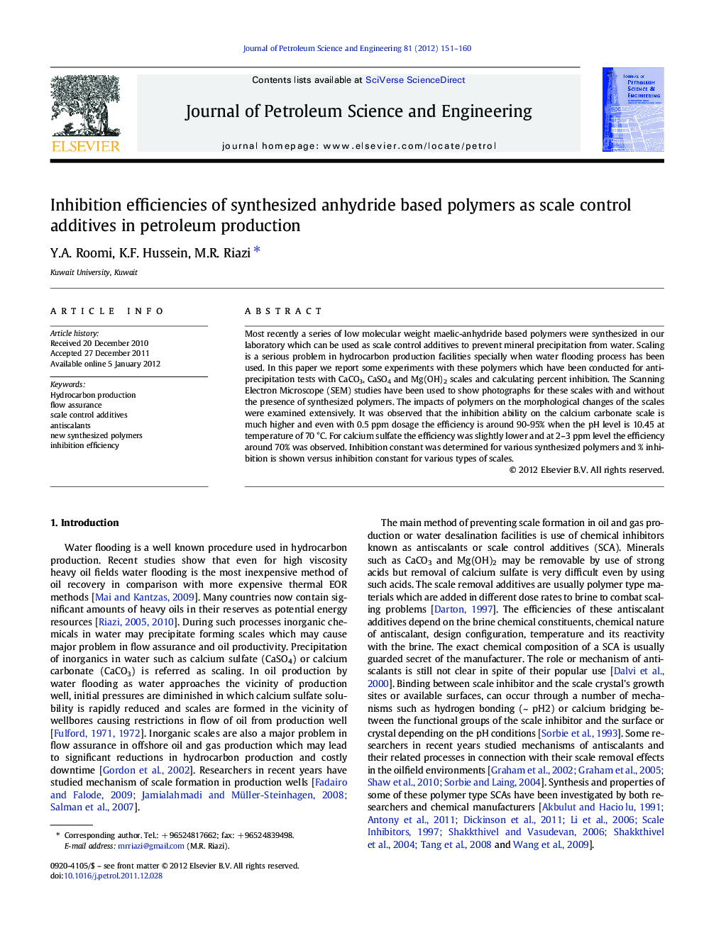 Inhibition efficiencies of synthesized anhydride based polymers as scale control additives in petroleum production