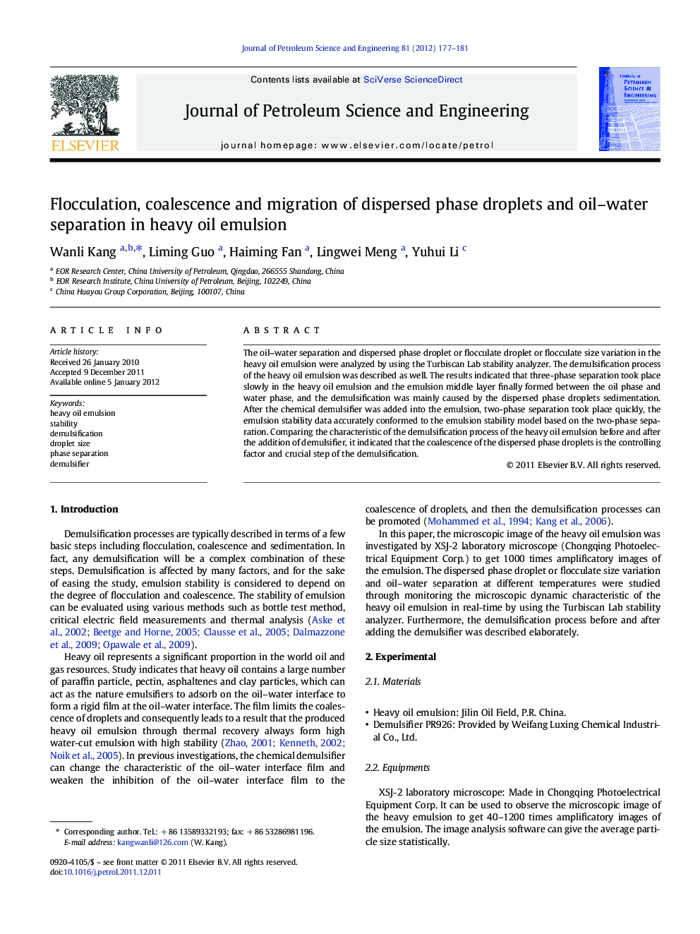 Flocculation, coalescence and migration of dispersed phase droplets and oil–water separation in heavy oil emulsion