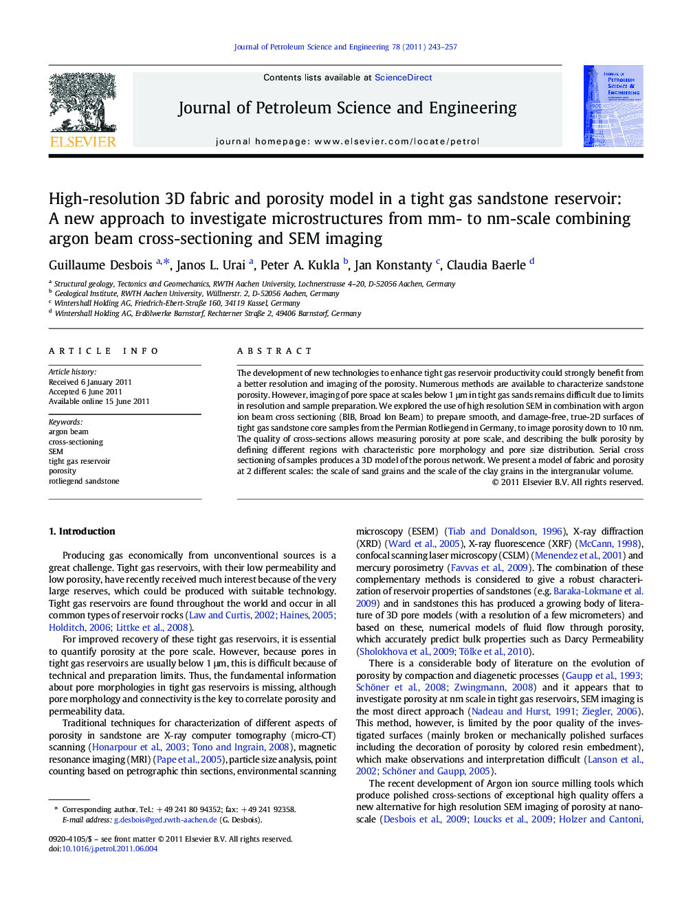 High-resolution 3D fabric and porosity model in a tight gas sandstone reservoir:A new approach to investigate microstructures from mm- to nm-scale combining argon beam cross-sectioning and SEM imaging