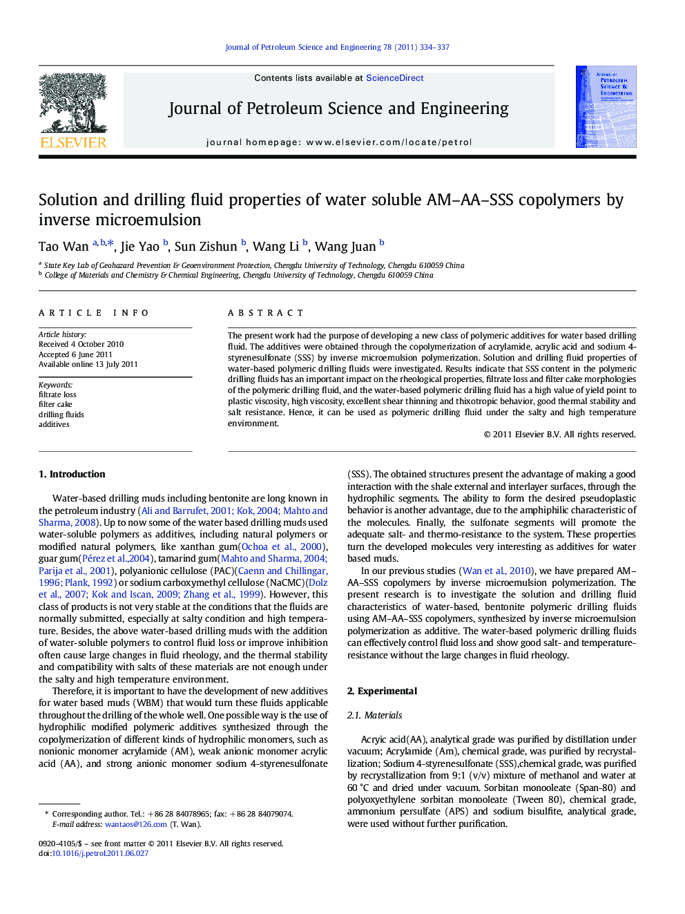 Solution and drilling fluid properties of water soluble AM–AA–SSS copolymers by inverse microemulsion