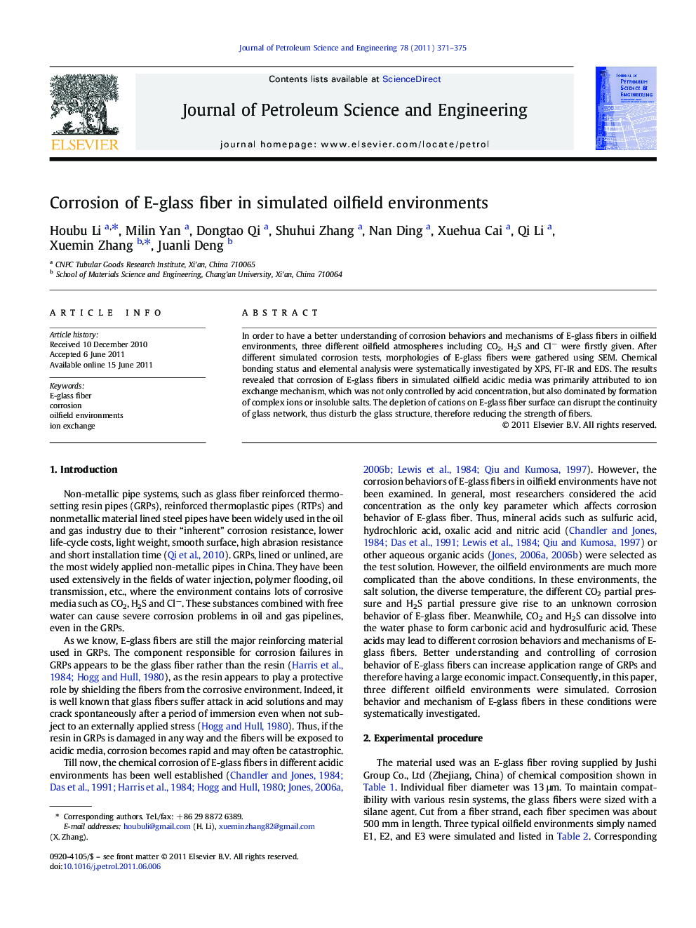 Corrosion of E-glass fiber in simulated oilfield environments