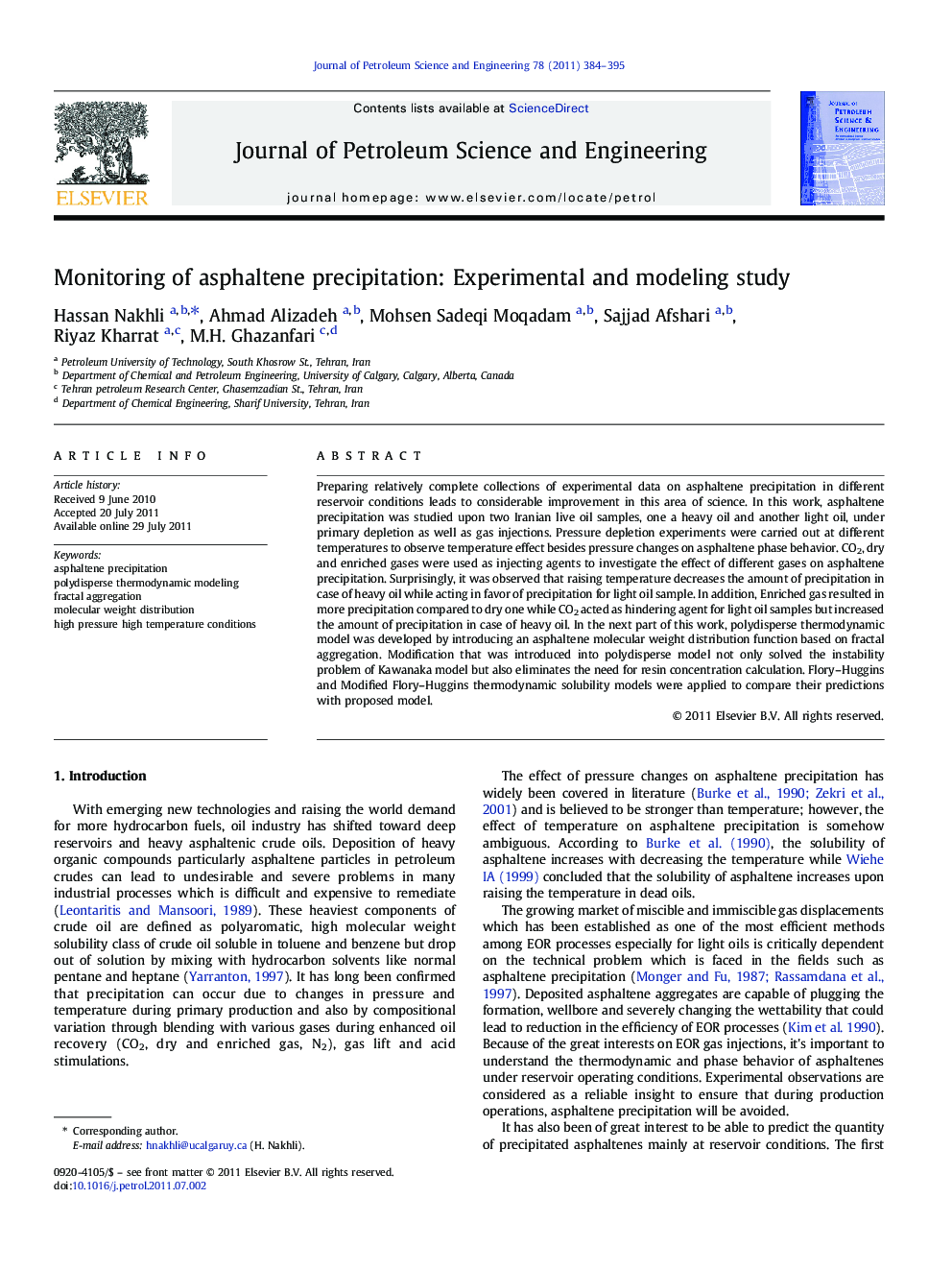 Monitoring of asphaltene precipitation: Experimental and modeling study