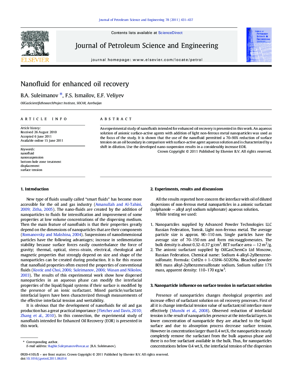 Nanofluid for enhanced oil recovery