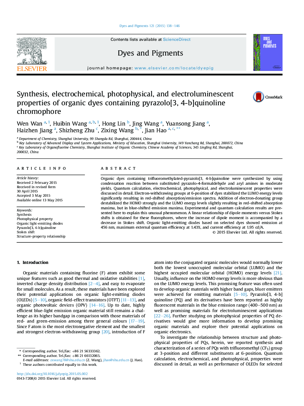 Synthesis, electrochemical, photophysical, and electroluminescent properties of organic dyes containing pyrazolo[3, 4-b]quinoline chromophore