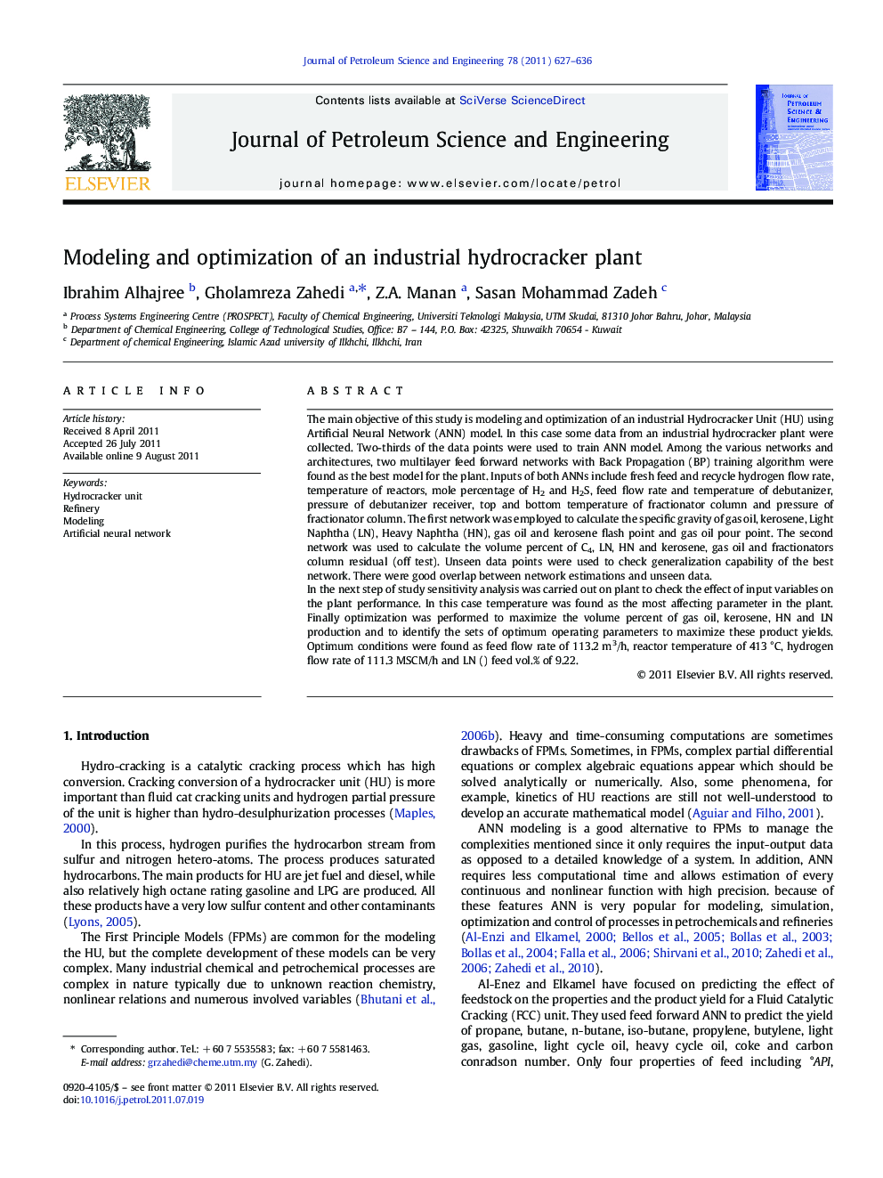 Modeling and optimization of an industrial hydrocracker plant