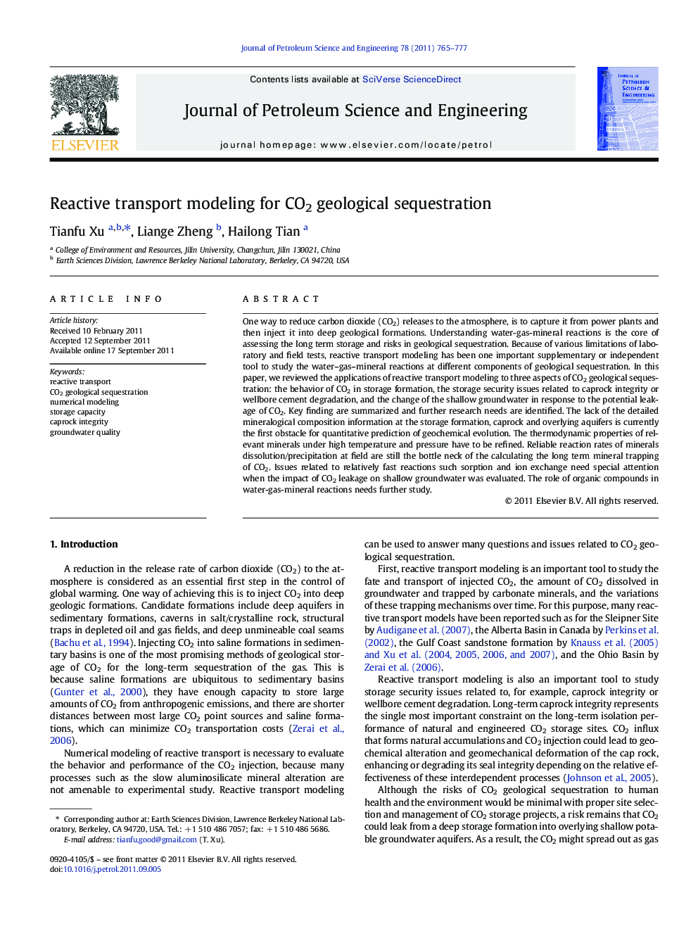 Reactive transport modeling for CO2 geological sequestration