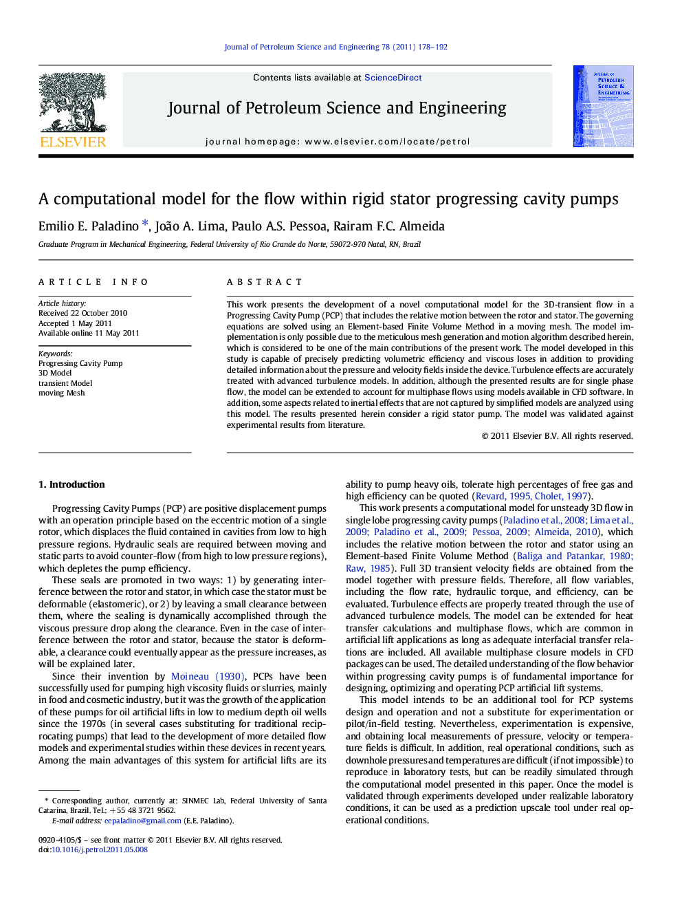 A computational model for the flow within rigid stator progressing cavity pumps