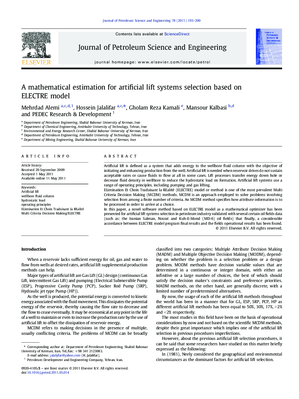 A mathematical estimation for artificial lift systems selection based on ELECTRE model