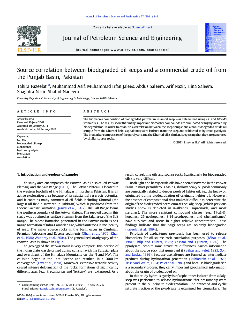 Source correlation between biodegraded oil seeps and a commercial crude oil from the Punjab Basin, Pakistan