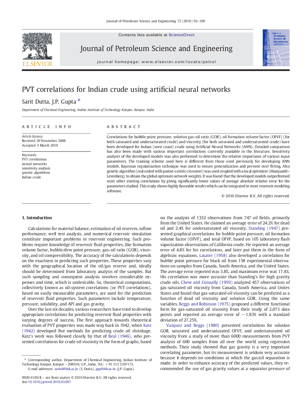 PVT correlations for Indian crude using artificial neural networks