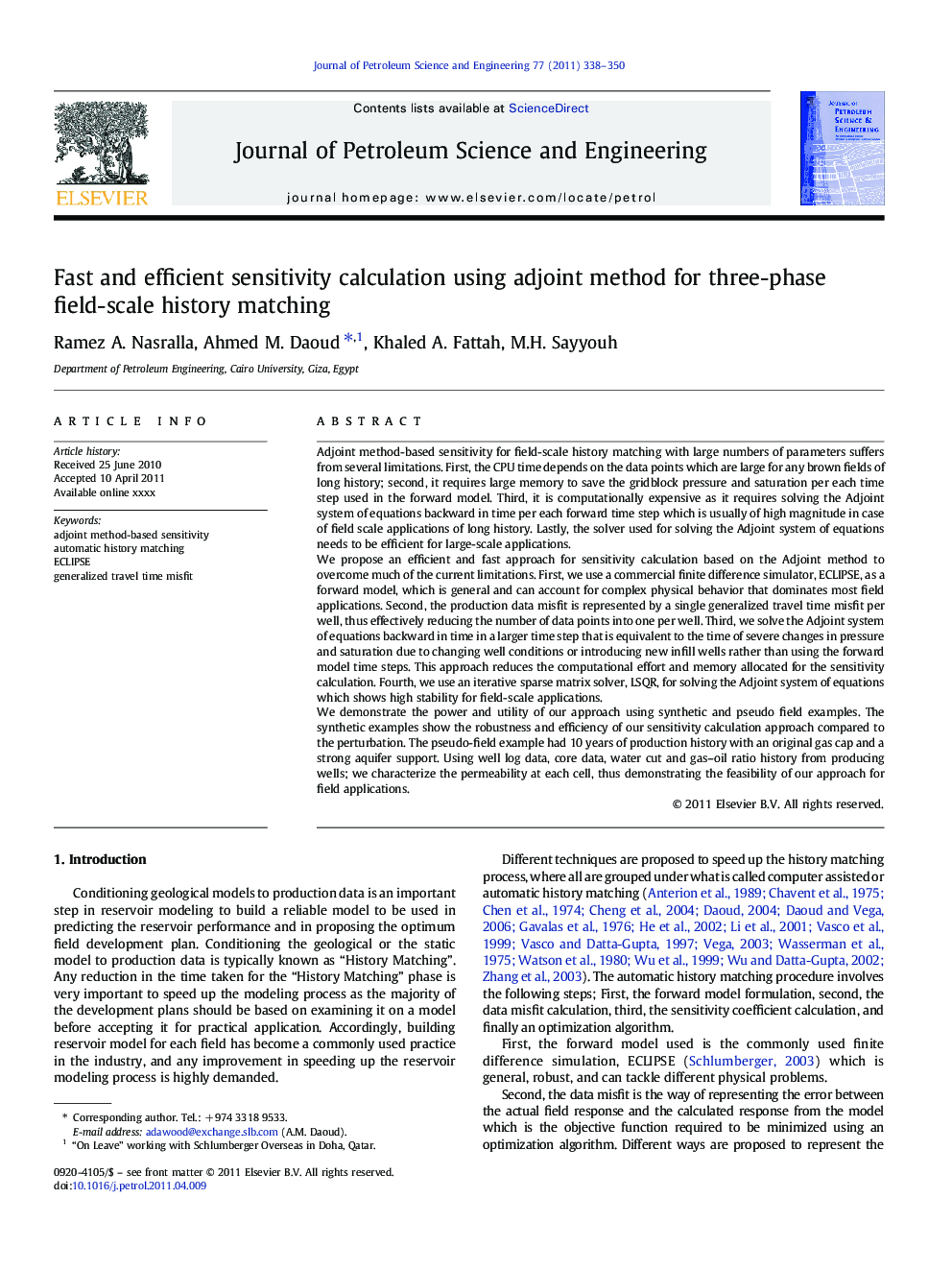 Fast and efficient sensitivity calculation using adjoint method for three-phase field-scale history matching