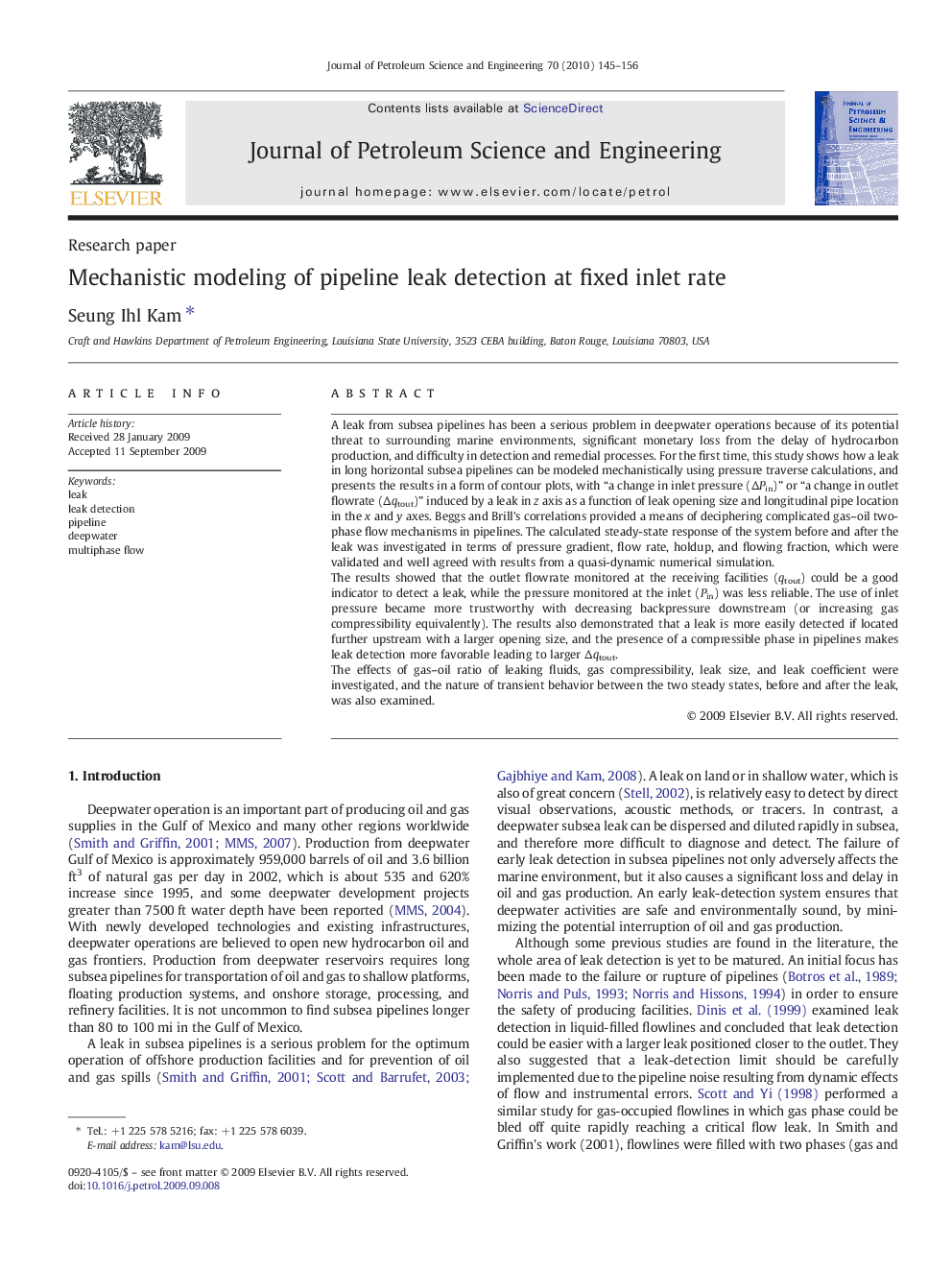 Mechanistic modeling of pipeline leak detection at fixed inlet rate