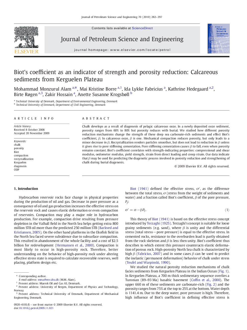 Biot's coefficient as an indicator of strength and porosity reduction: Calcareous sediments from Kerguelen Plateau