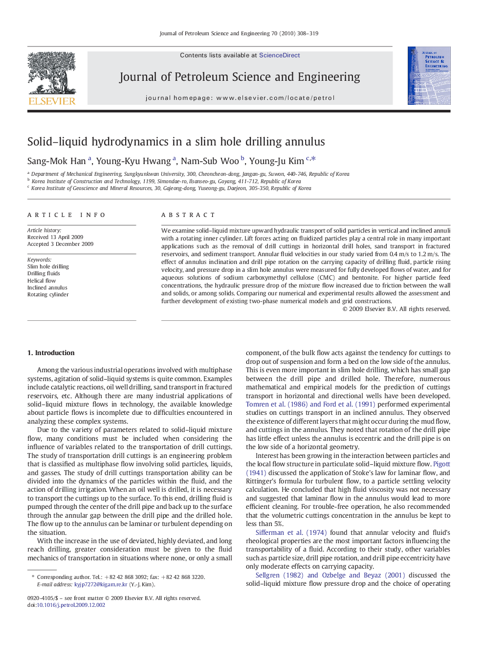 Solid–liquid hydrodynamics in a slim hole drilling annulus