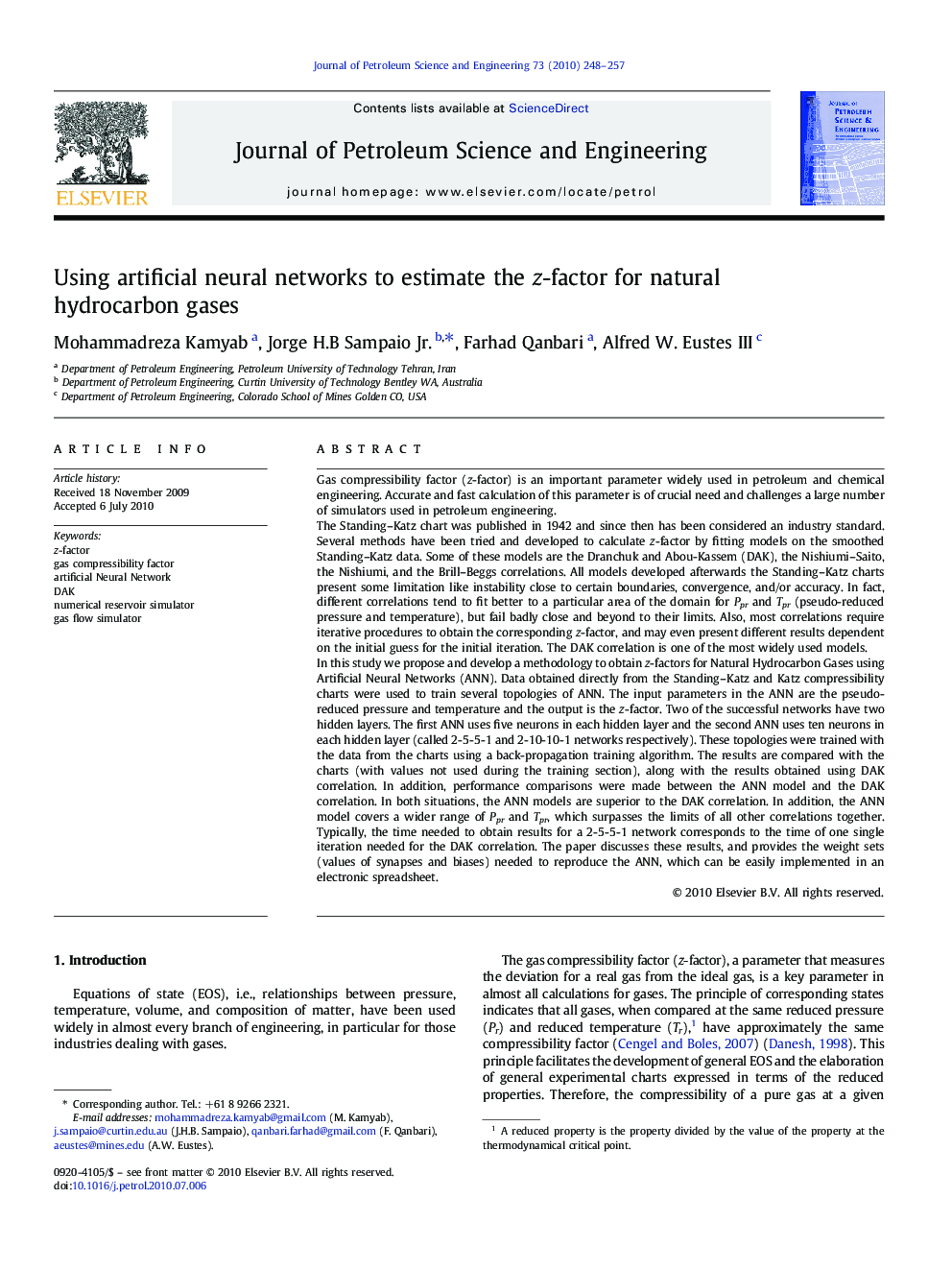 Using artificial neural networks to estimate the z-factor for natural hydrocarbon gases