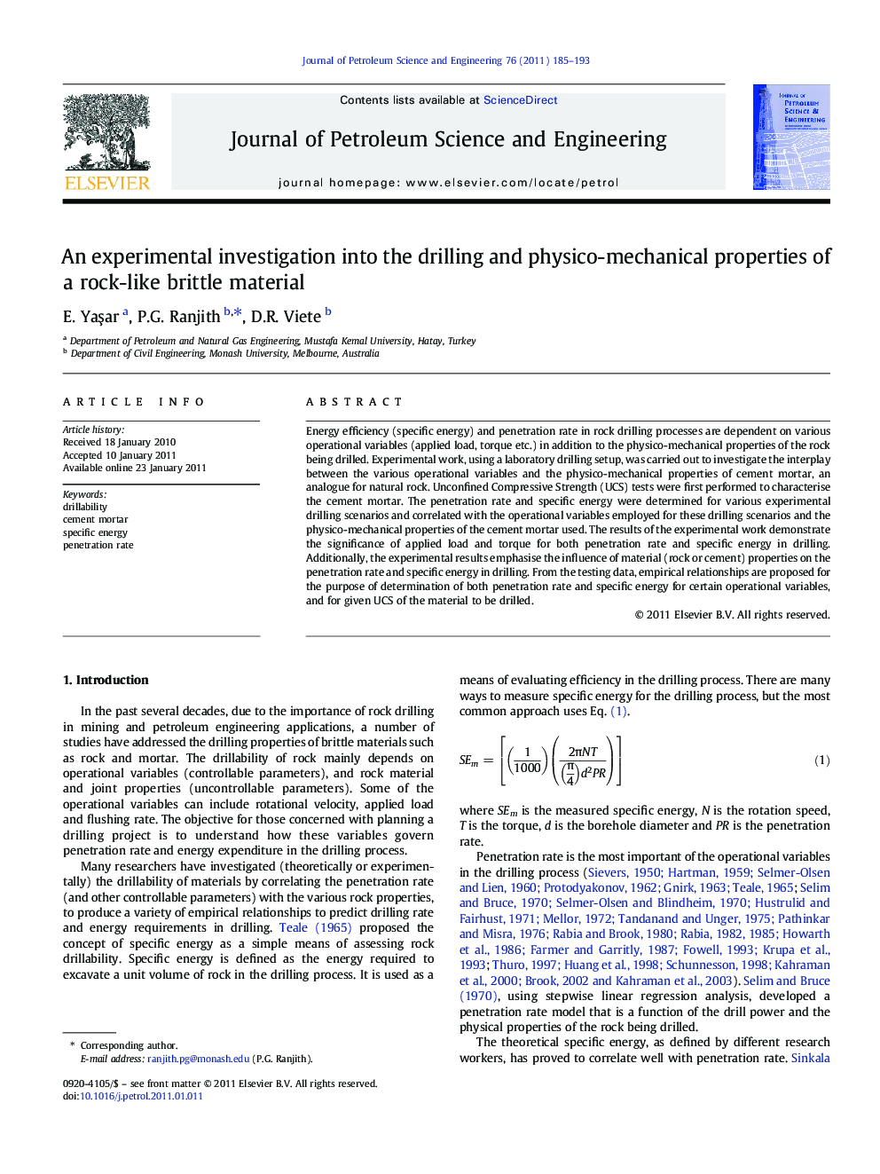An experimental investigation into the drilling and physico-mechanical properties of a rock-like brittle material