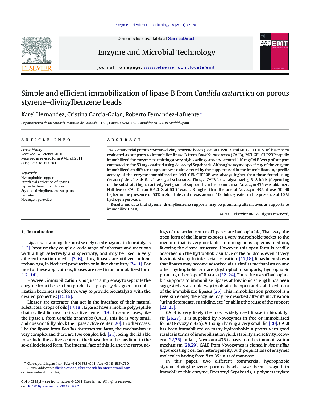 Simple and efficient immobilization of lipase B from Candida antarctica on porous styrene–divinylbenzene beads