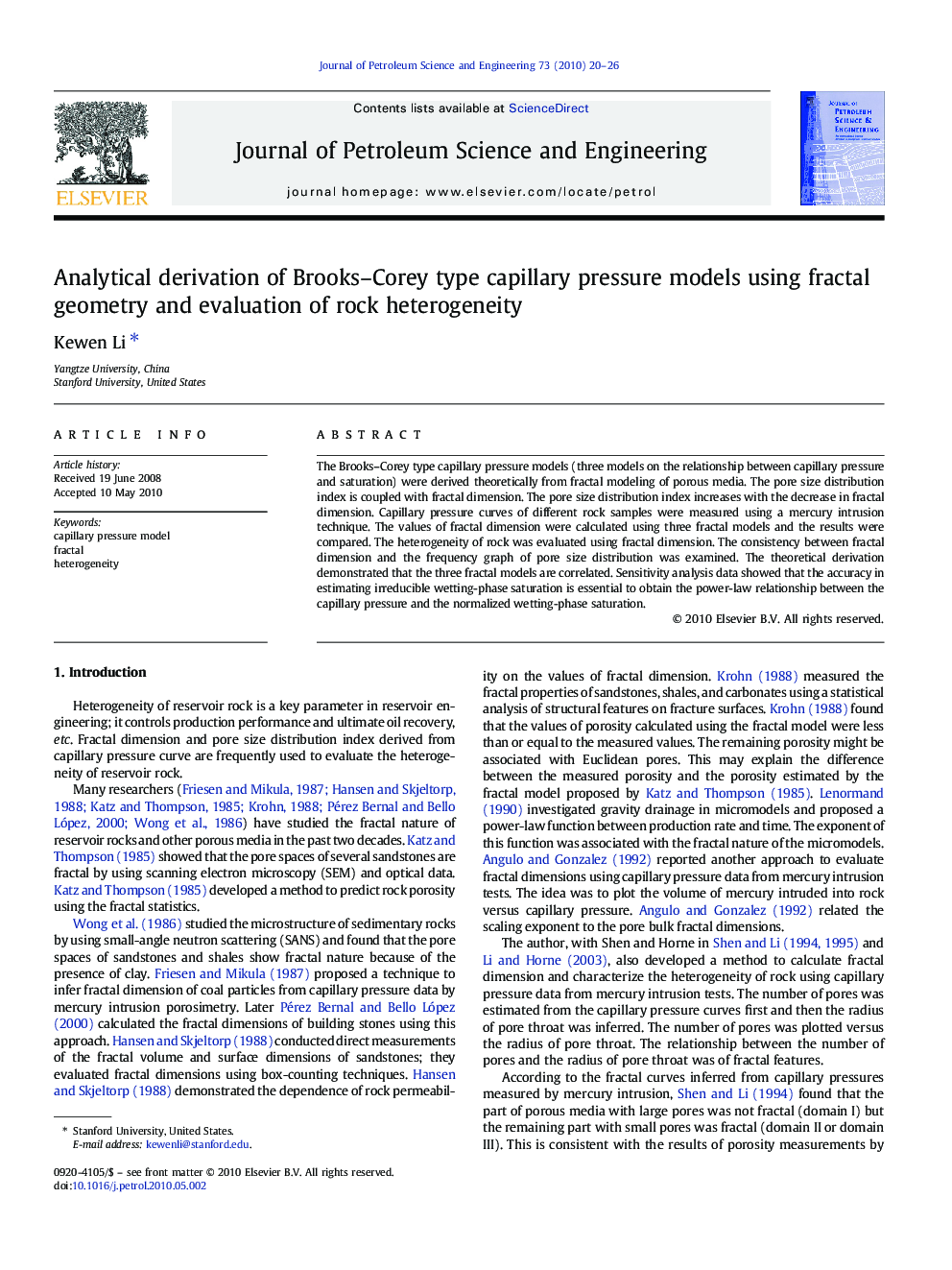 Analytical derivation of Brooks–Corey type capillary pressure models using fractal geometry and evaluation of rock heterogeneity