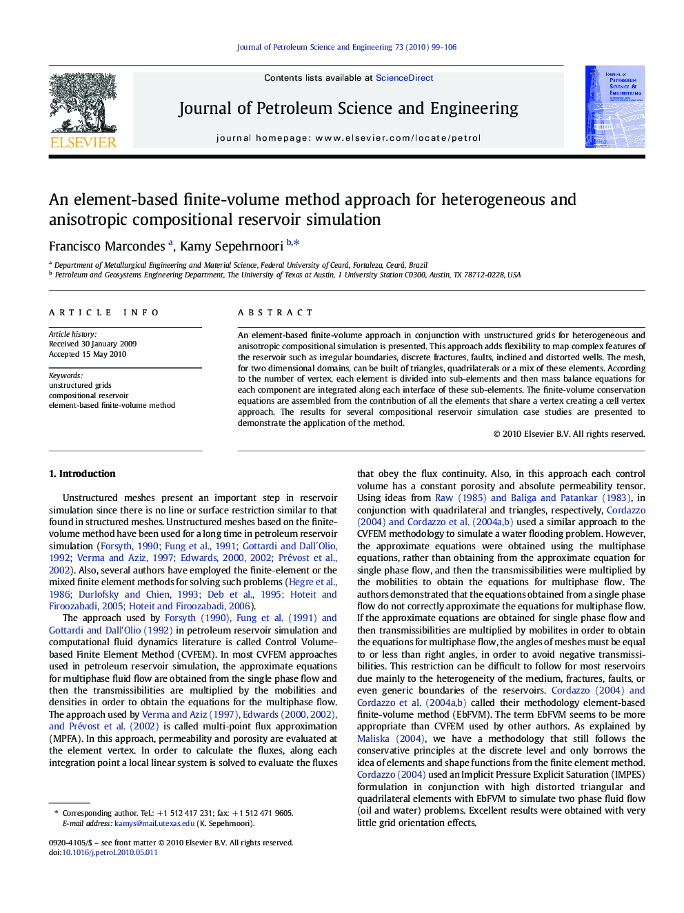 An element-based finite-volume method approach for heterogeneous and anisotropic compositional reservoir simulation