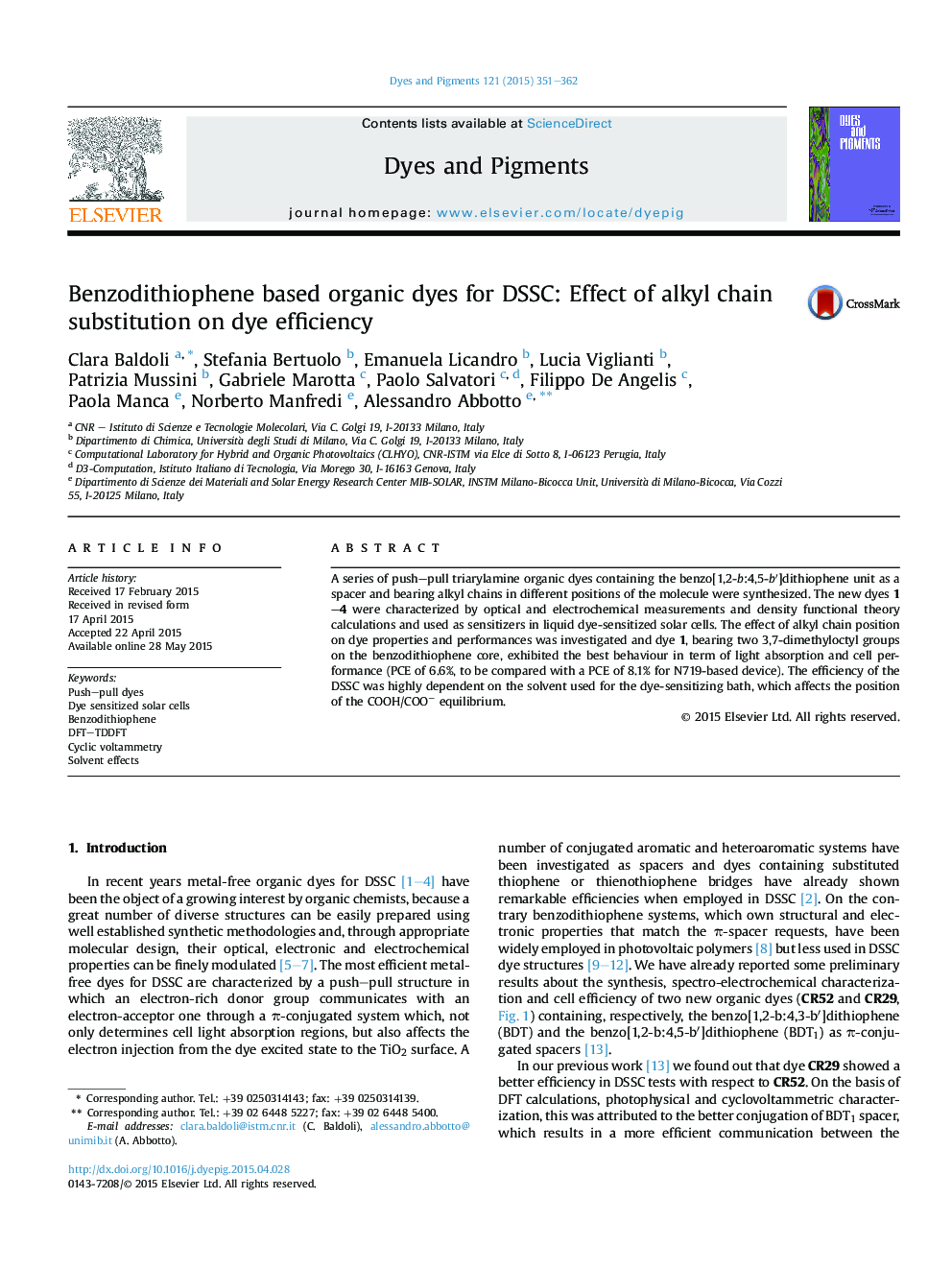 Benzodithiophene based organic dyes for DSSC: Effect of alkyl chain substitution on dye efficiency