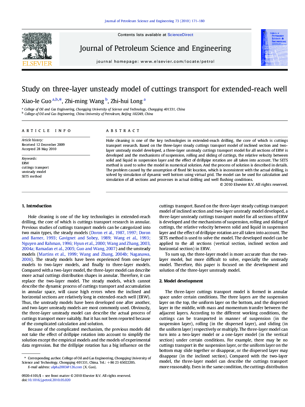 Study on three-layer unsteady model of cuttings transport for extended-reach well