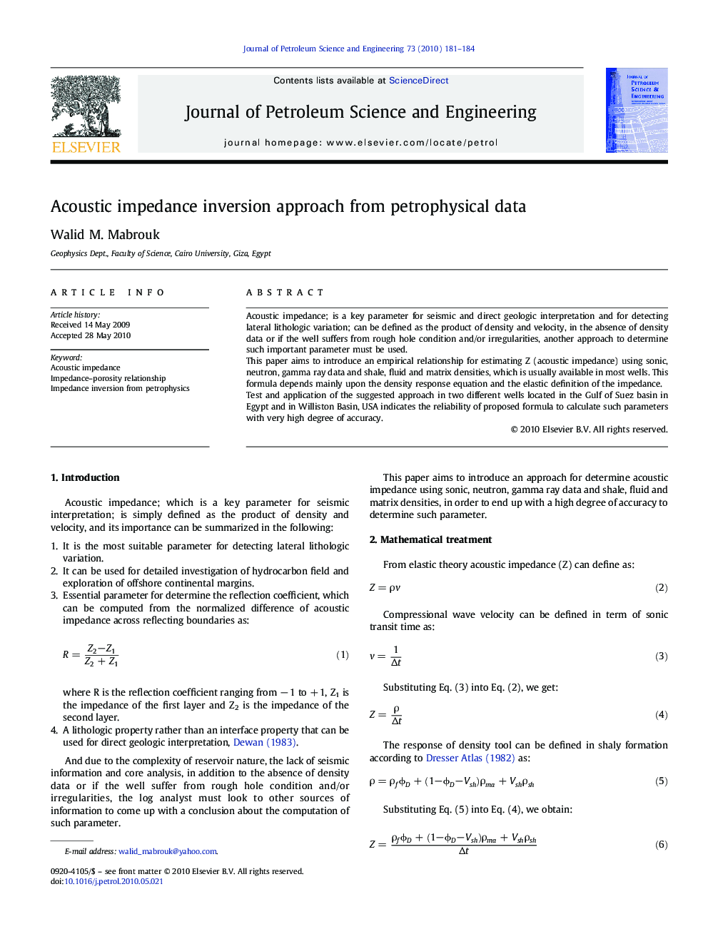 Acoustic impedance inversion approach from petrophysical data