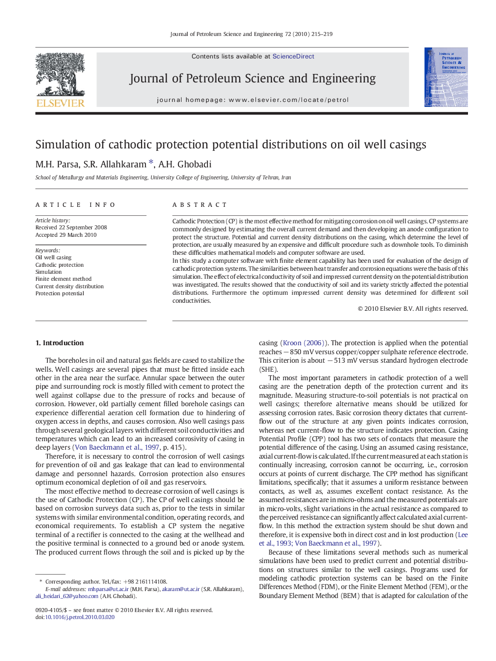 Simulation of cathodic protection potential distributions on oil well casings