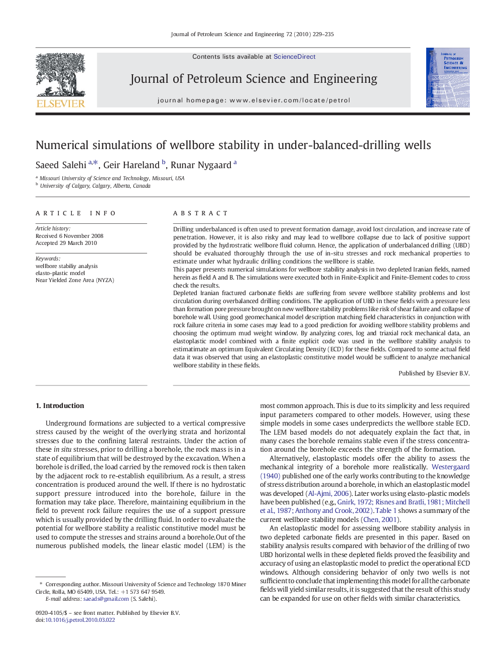 Numerical simulations of wellbore stability in under-balanced-drilling wells