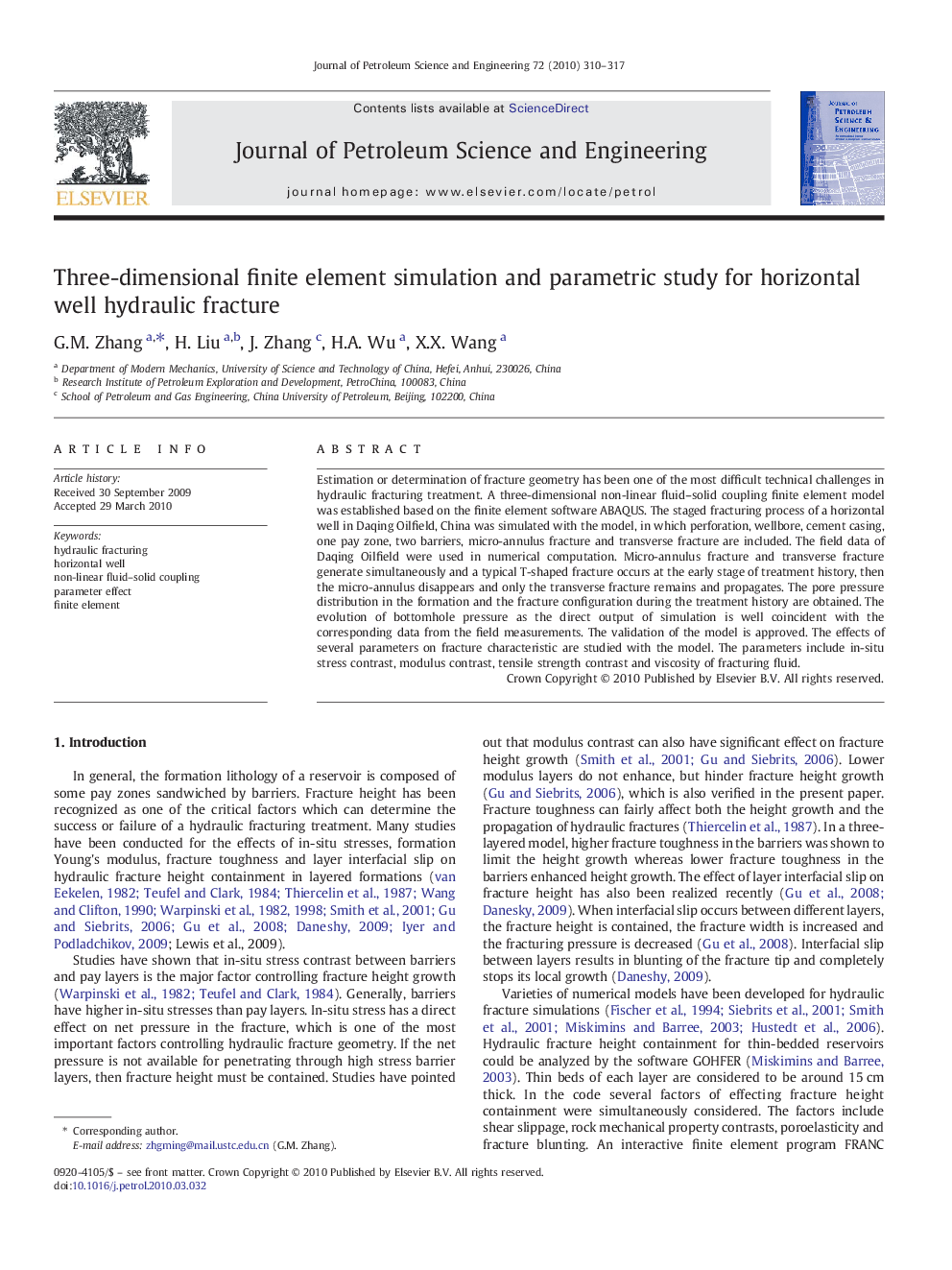 Three-dimensional finite element simulation and parametric study for horizontal well hydraulic fracture