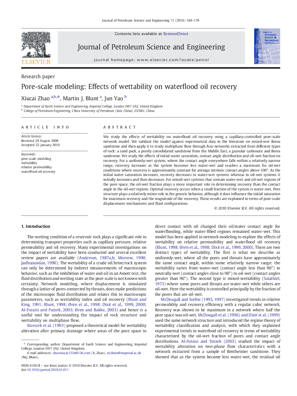 Pore-scale modeling: Effects of wettability on waterflood oil recovery