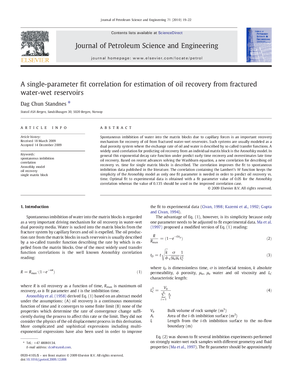 عکس صفحه اول مقاله: A single-parameter fit correlation for estimation of oil recovery from fractured water-wet reservoirs A single-parameter fit correlation for estimation of oil recovery from fractured water-wet reservoirs