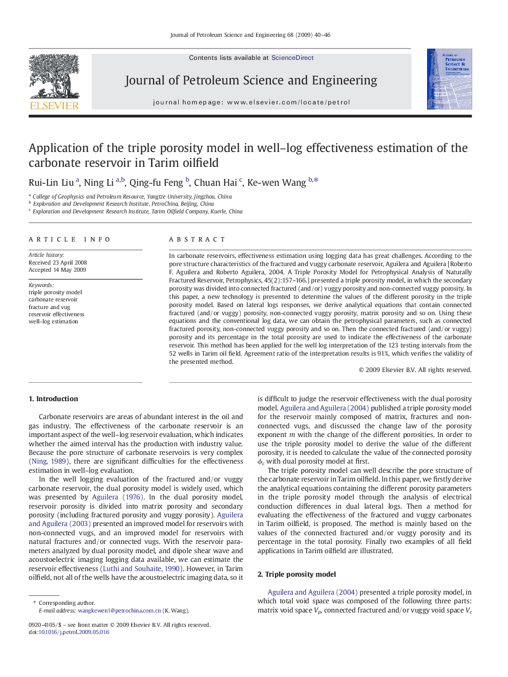 Application of the triple porosity model in well–log effectiveness estimation of the carbonate reservoir in Tarim oilfield