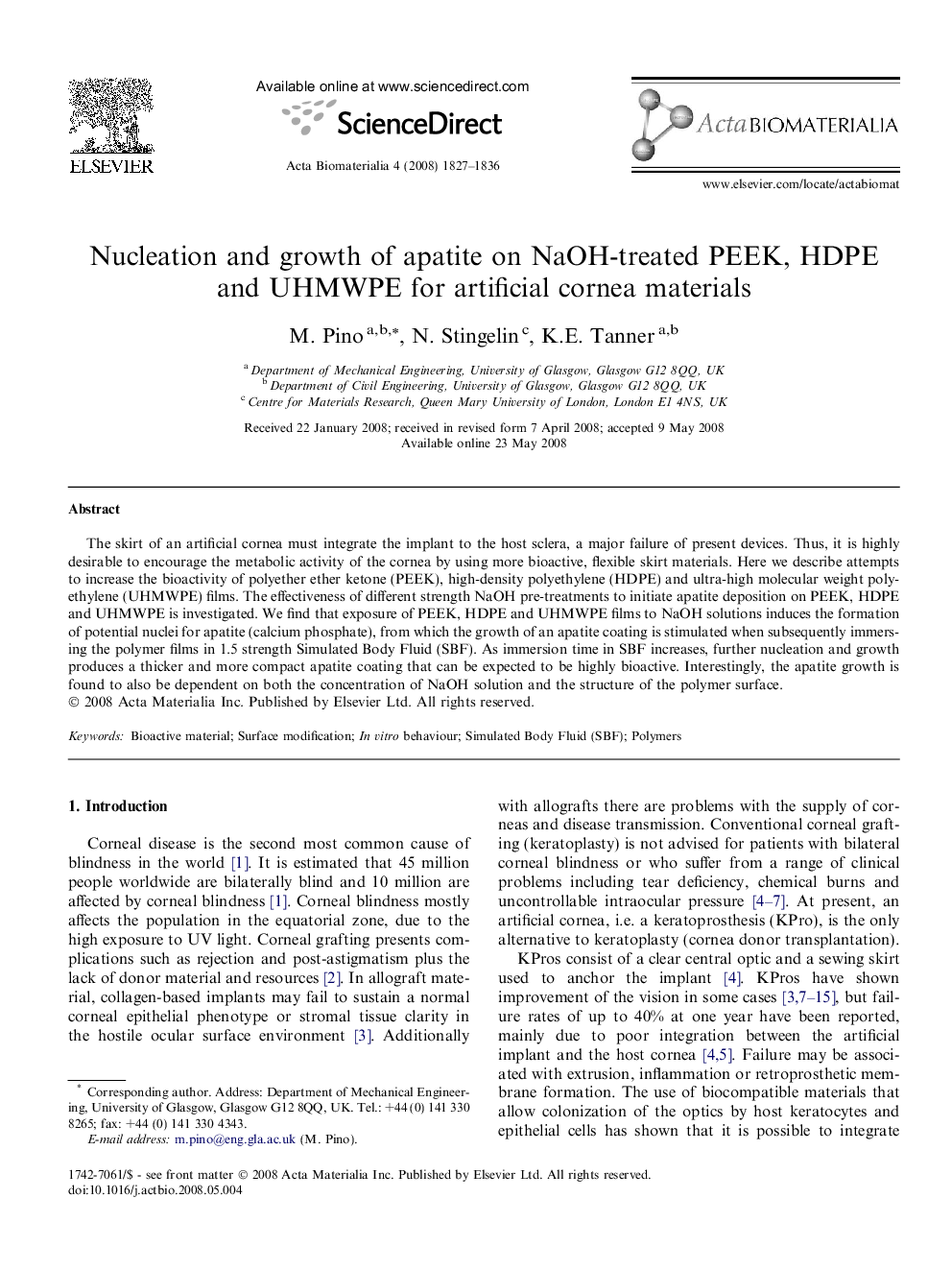 Nucleation and growth of apatite on NaOH-treated PEEK, HDPE and UHMWPE for artificial cornea materials