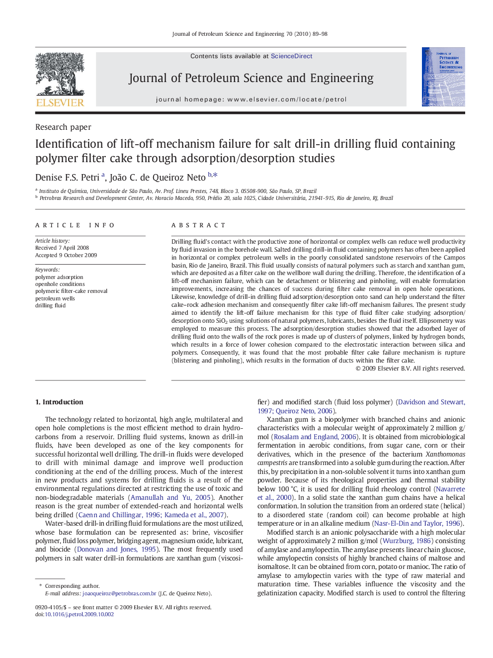 Identification of lift-off mechanism failure for salt drill-in drilling fluid containing polymer filter cake through adsorption/desorption studies