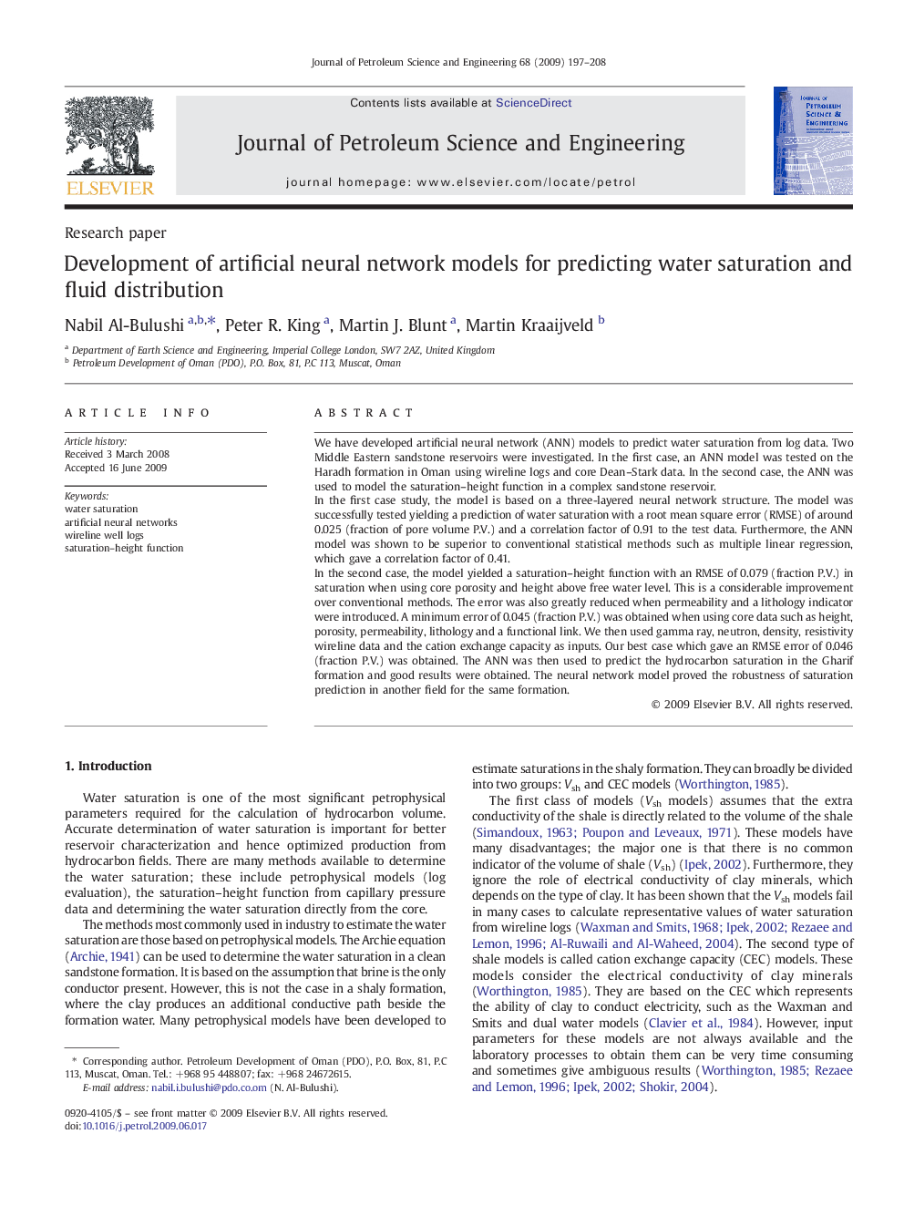 Development of artificial neural network models for predicting water saturation and fluid distribution