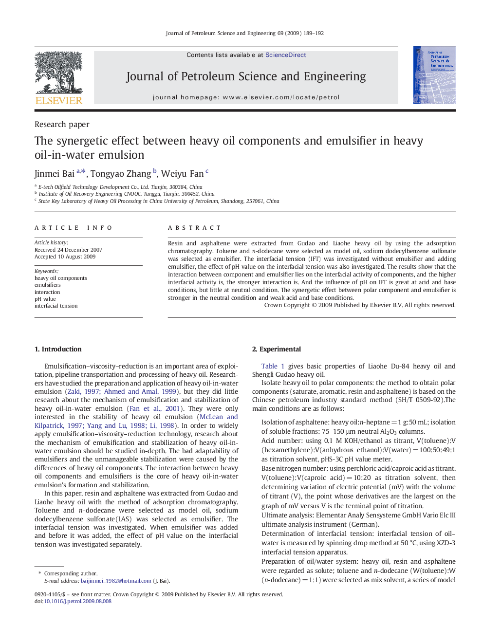 The synergetic effect between heavy oil components and emulsifier in heavy oil-in-water emulsion