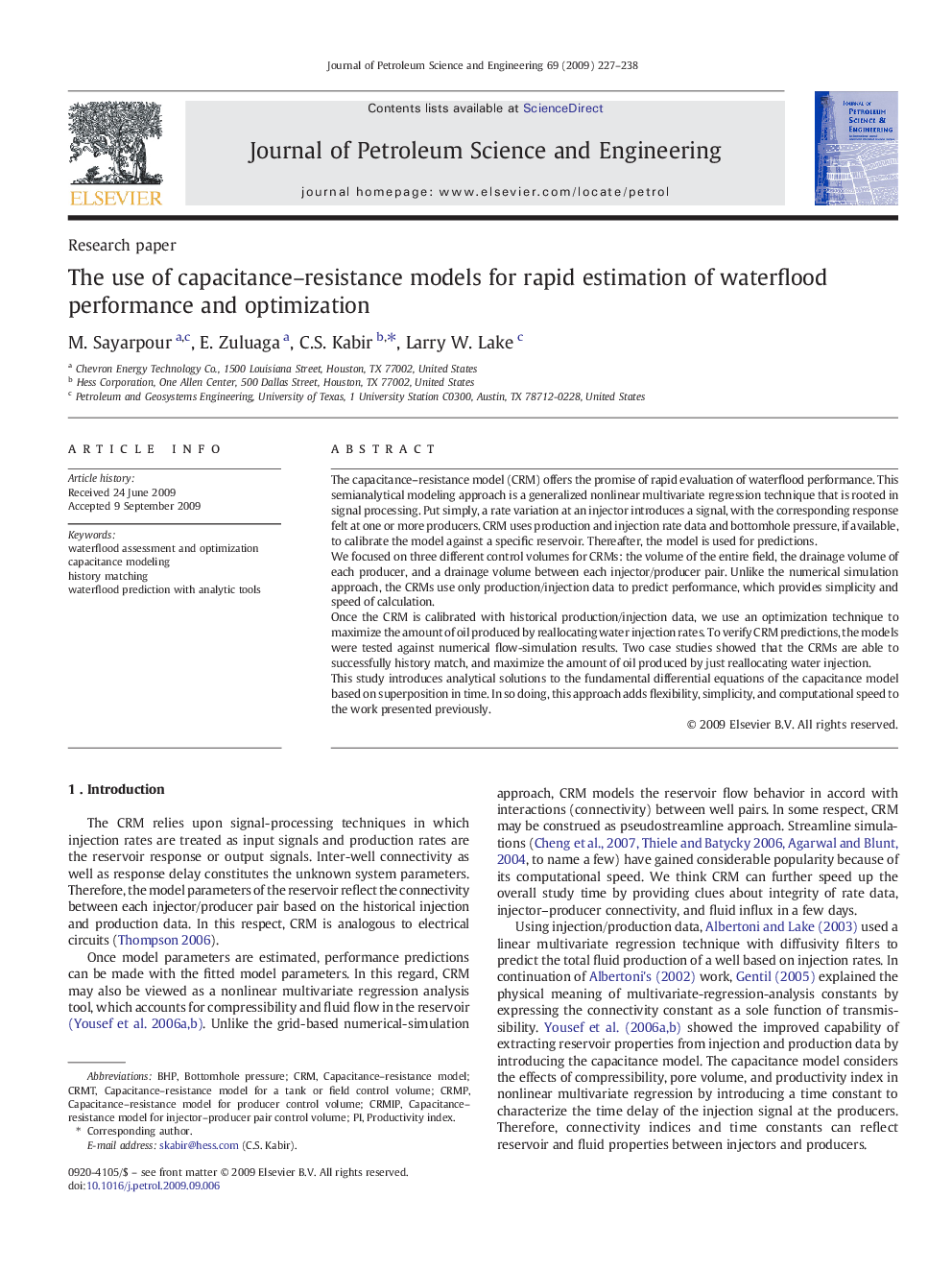 The use of capacitance–resistance models for rapid estimation of waterflood performance and optimization