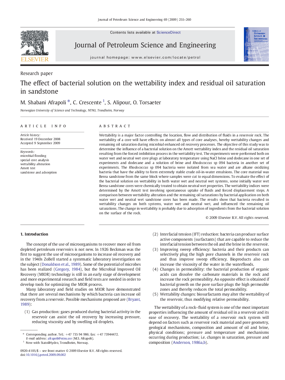 The effect of bacterial solution on the wettability index and residual oil saturation in sandstone