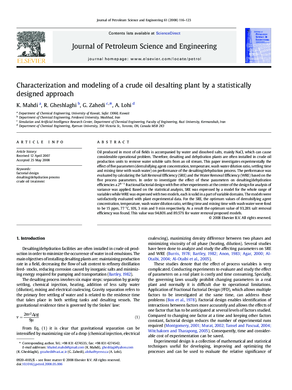 Characterization and modeling of a crude oil desalting plant by a statistically designed approach