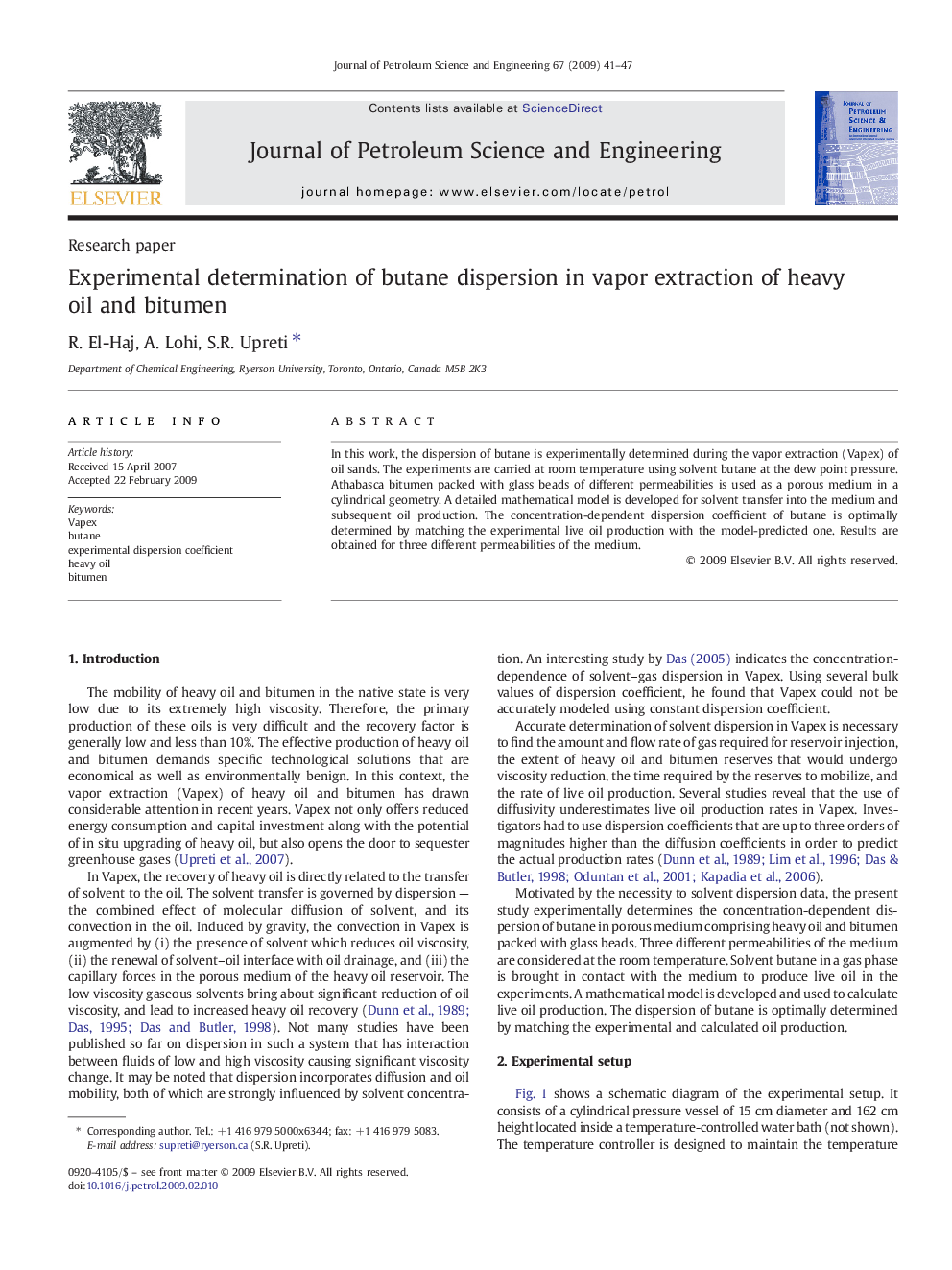 Experimental determination of butane dispersion in vapor extraction of heavy oil and bitumen