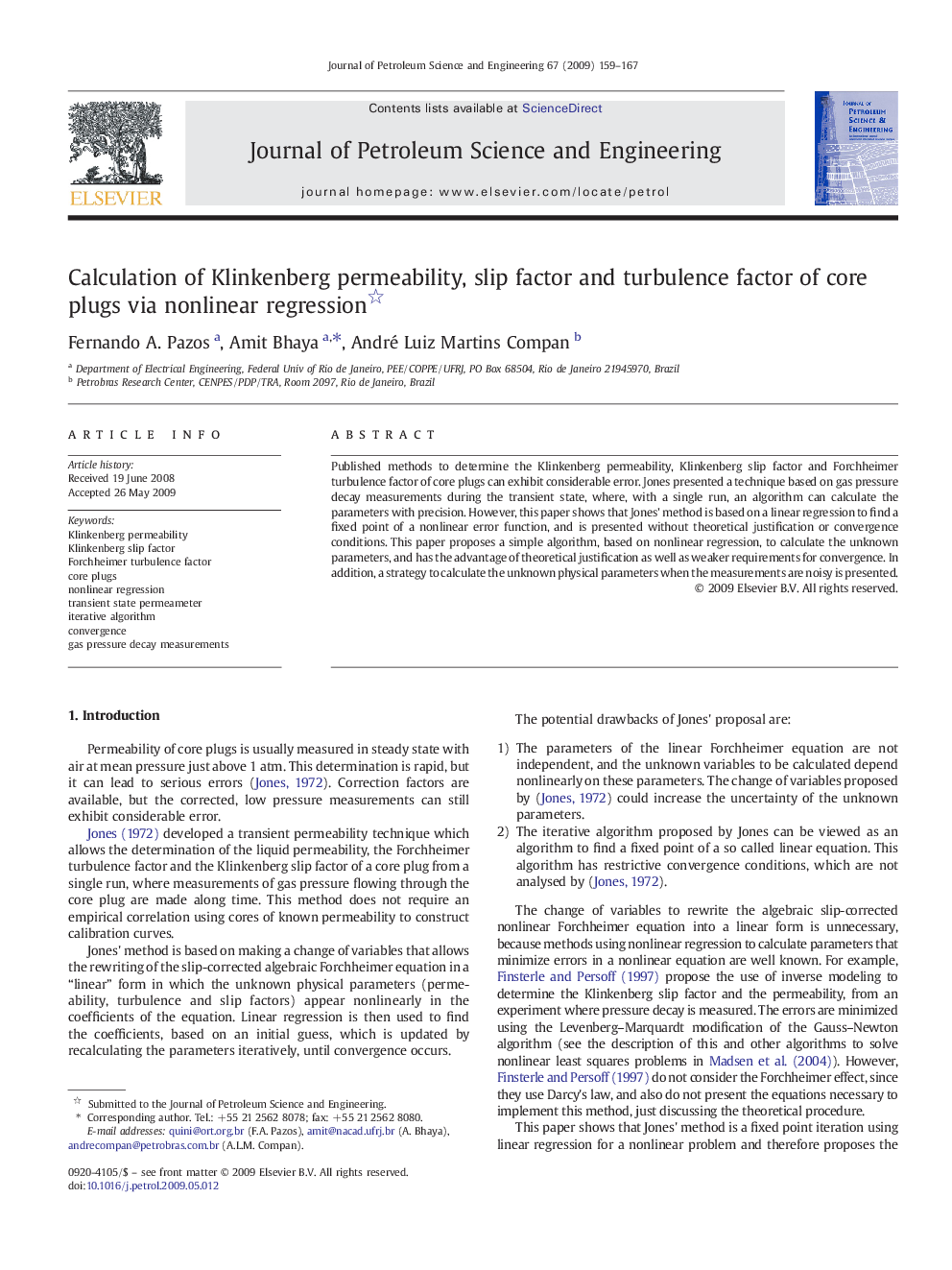 Calculation of Klinkenberg permeability, slip factor and turbulence factor of core plugs via nonlinear regression 