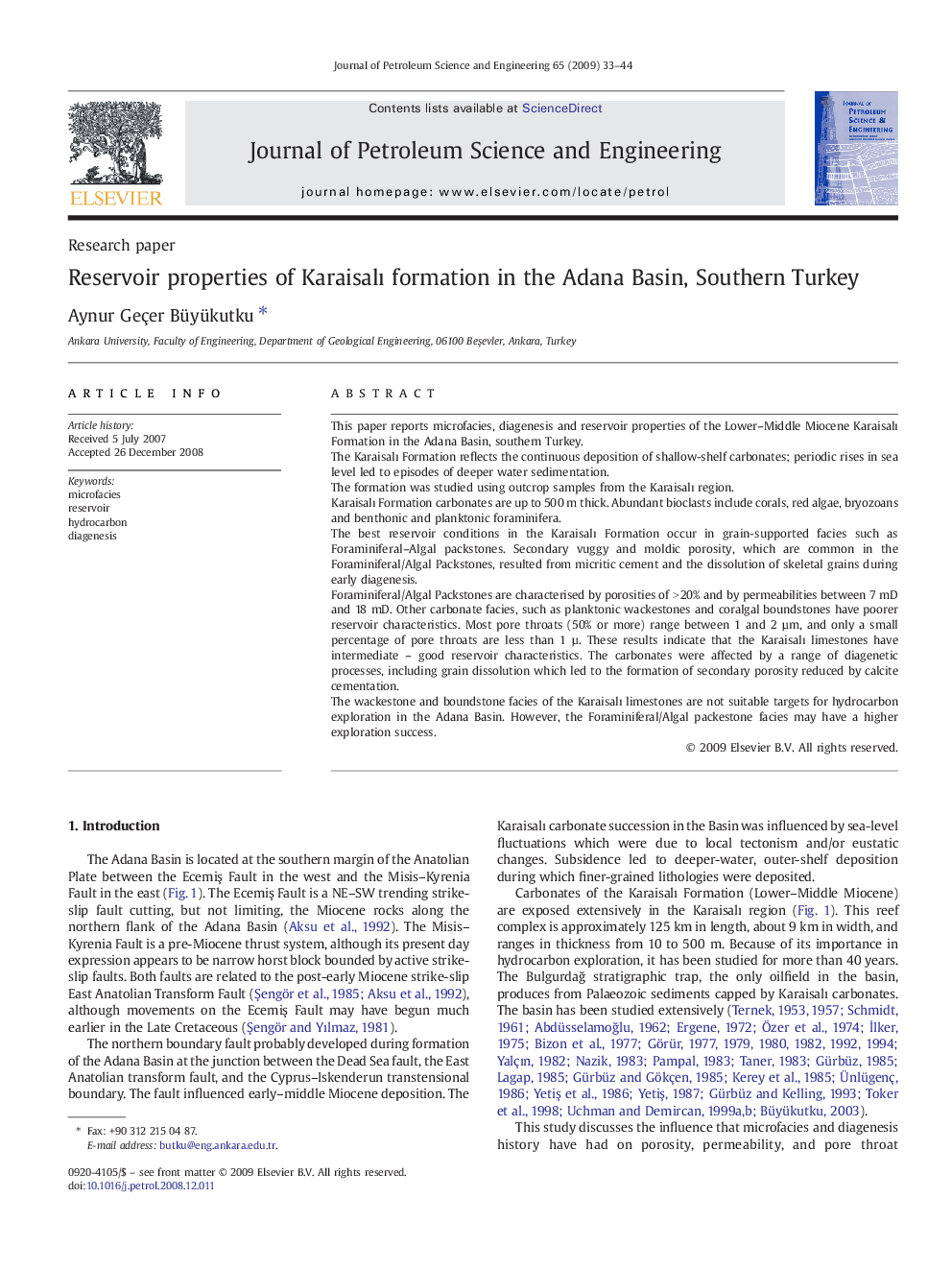 Reservoir properties of KaraisalÄ± formation in the Adana Basin, Southern Turkey