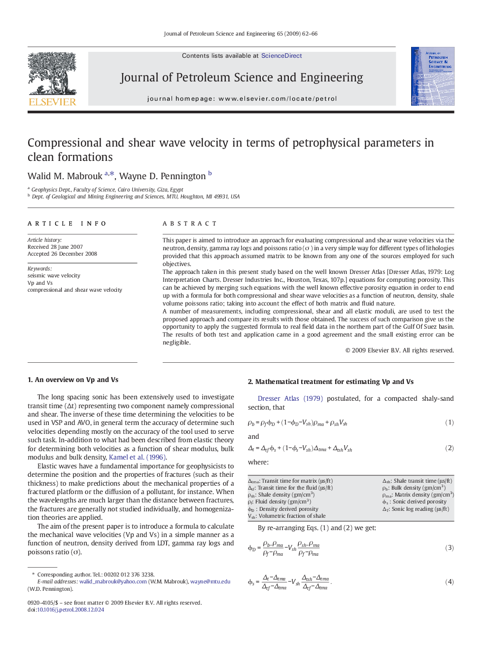 Compressional and shear wave velocity in terms of petrophysical parameters in clean formations